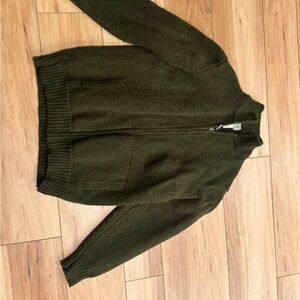 LL BEAN Lambswool Green\Brown Zip-Up Sweater fisherman Cottagecore nautical